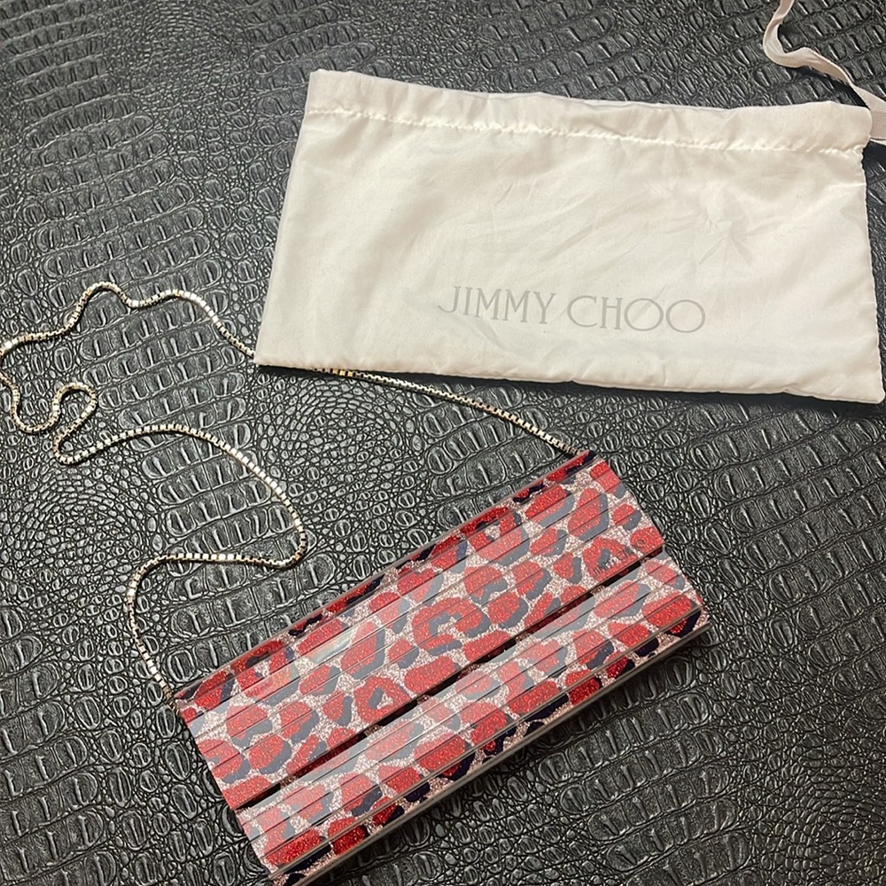 Jimmy Choo Acrylic Glitter Sweetie Leopard Print Clutch Rosewater Hand Bag